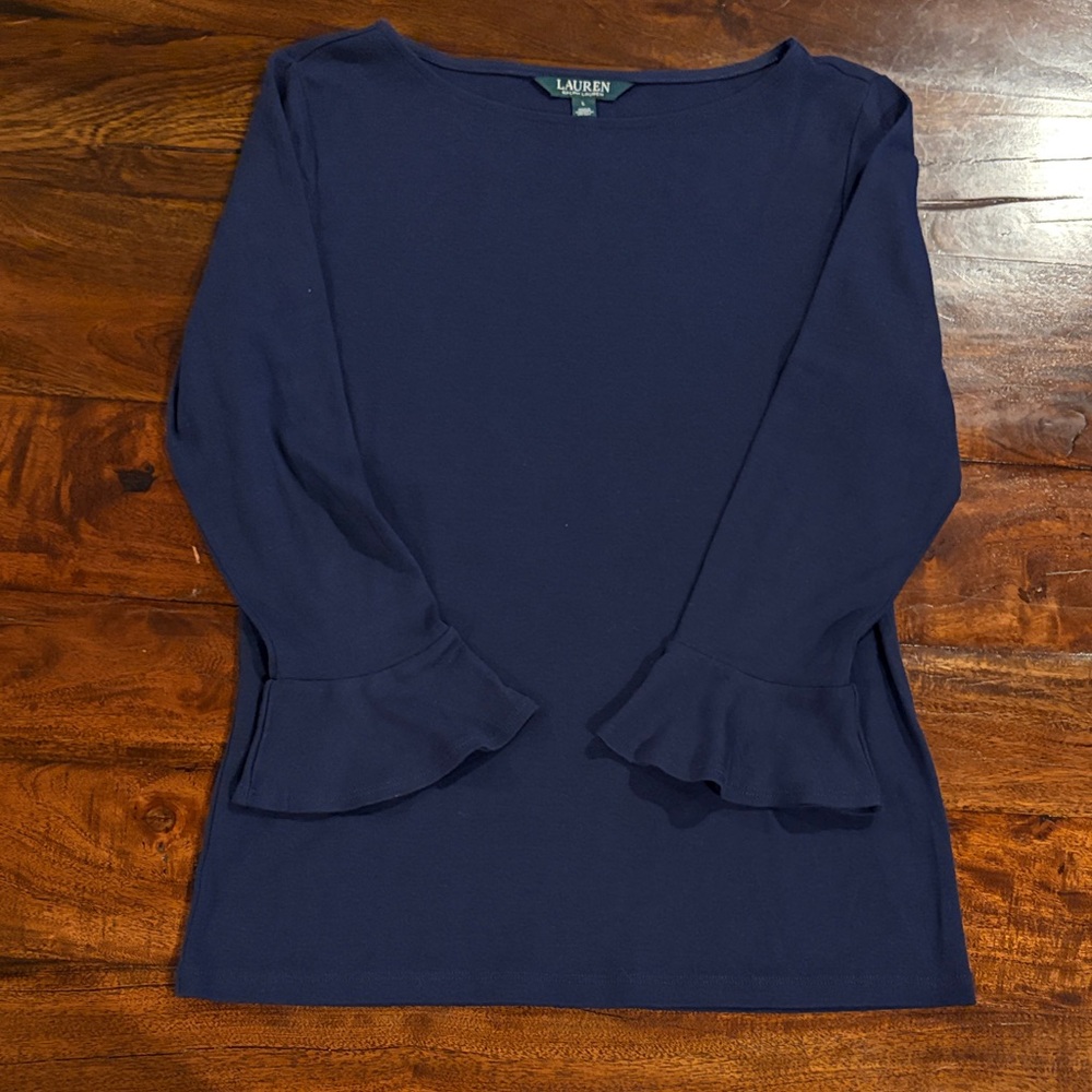 Ralph Lauren Navy Blouse with Ruffle Sleeves